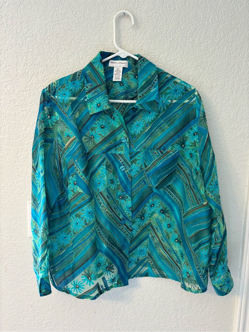 Drapers & Damons XL Teal Green Floral Boho Blouse Coastal Whimsygoth